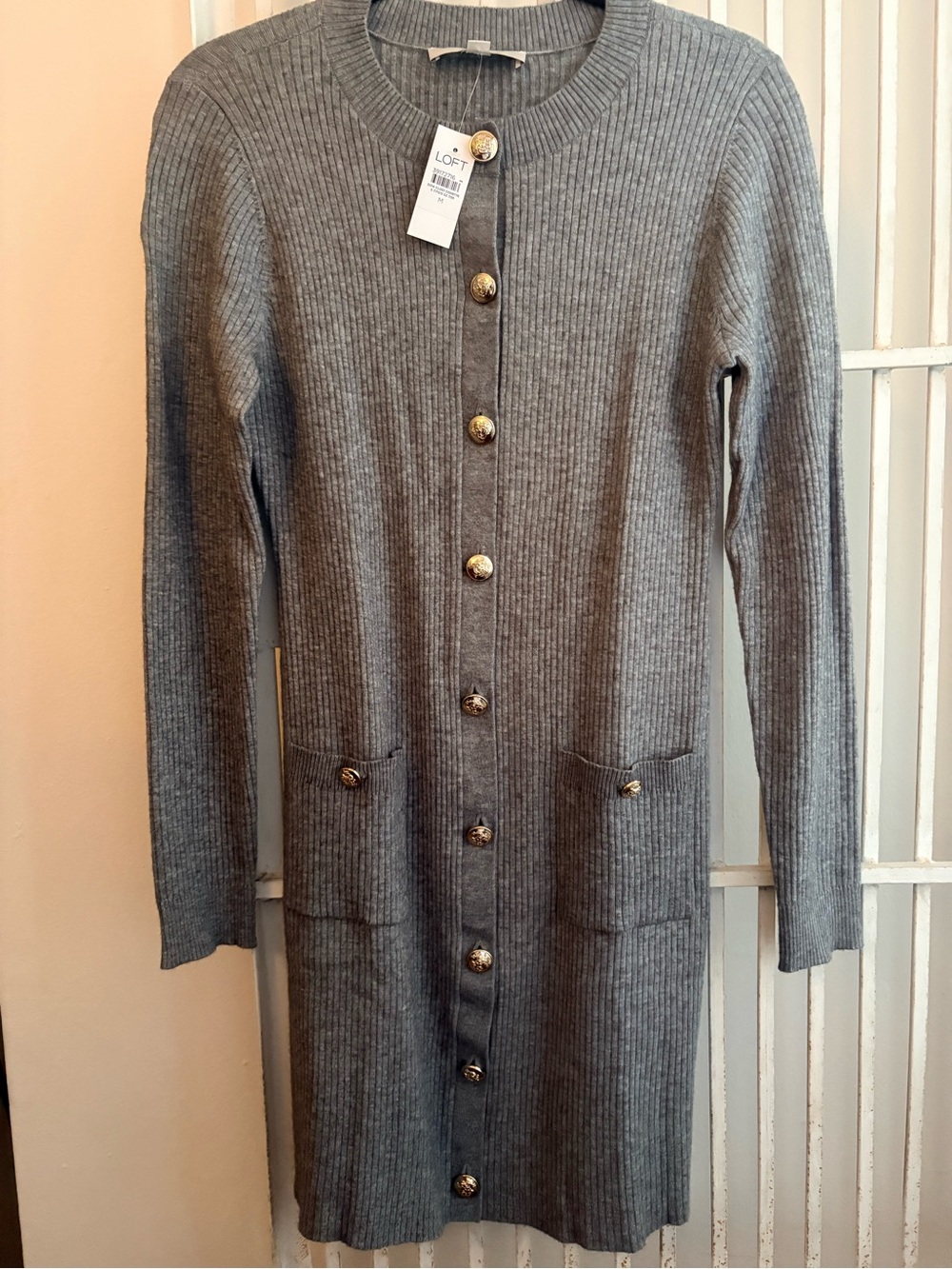 LOFT Gray Ribbed Long Sleeve Button-Front Dress